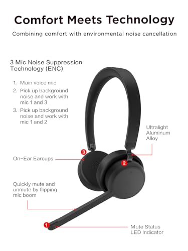 Lenovo Wireless Stereo Headset, Noise Cancelling Mic, Bluetooth 5.3 Multipoint, 31-Hour Talk & 60-Hour Playback, Lightweight 138g, Replaceable Earcups Over-Ear Comfort, Gaming, Office, & PC Use | Bluetooth headset with noise cancellation and 31-hour talk