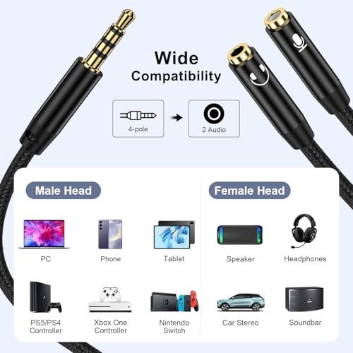 Headphone Splitter Adapter, 3.5mm 2 Female to 1 Male Dual Headphone & Microphone Jack Adapt er Audio Stereo Y Splitters Hi-Fi Sound Aux Extension Cable for Earphone Phone PS5 PS4 Switch Tablets - color: black