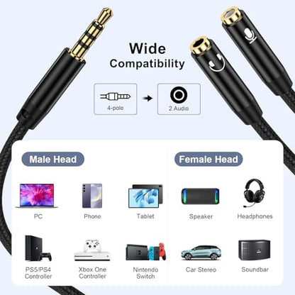 Headphone Splitter Adapter, 3.5mm 2 Female to 1 Male Dual Headphone & Microphone Jack Adapt er Audio Stereo Y Splitters Hi-Fi Sound Aux Extension Cable for Earphone Phone PS5 PS4 Switch Tablets - color: black