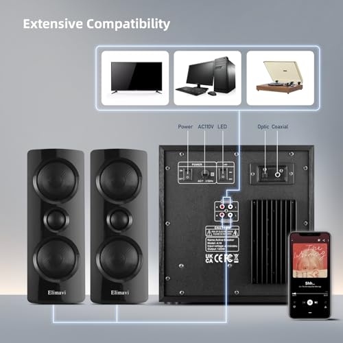 Elimavi 2.1 Computer Speaker System, 6.5" Subwoofer, 120W RMS, Black | Three-Way Design, 2 X 1" Tweeter, 4 x 2.75" Midrange Drivers, RCA/Coaxial/Optical Audio Inputs, BT5.3 Wireless Connection