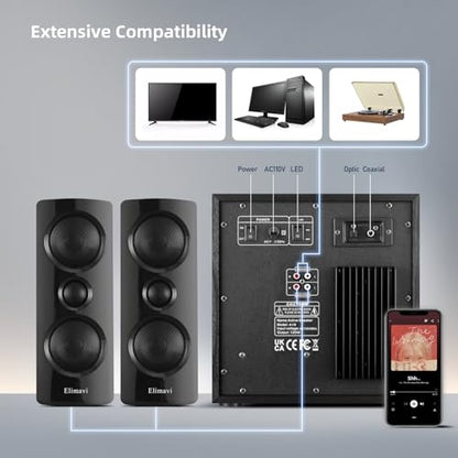 Elimavi 2.1 Computer Speaker System, 6.5" Subwoofer, 120W RMS, Black | Three-Way Design, 2 X 1" Tweeter, 4 x 2.75" Midrange Drivers, RCA/Coaxial/Optical Audio Inputs, BT5.3 Wireless Connection