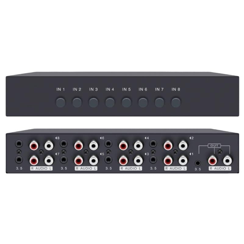 3.5" + RCA (Lotus) Audio switcher, bidirectional, 1x8 or 8x1 Manual Button Switching.