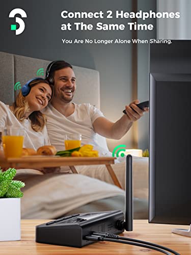 aptX LL Bluetooth Transmitter for TV, SOOMFON Bluetooth 5.0 Audio Transmitter with Volume Control, Bluetooth Adapter Splitter for TV/PC, aptX Low Latency, Ultra-Long Range, Aux/RCA/Optical