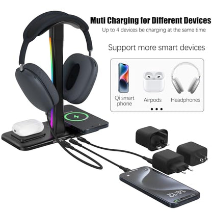 Headphone Stand with Wireless Charger,Gaming Headset stand with RGB Light Mode,For Airpod Max Stand Compatible with Airpod Pro/3/2,For iPhone 17/16/15/14/13/12/11,Gifts for Gamers & Music Lover(Black) - color: Black