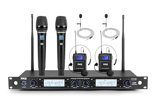 Pyle 4 Channel UHF Wireless Microphone System with 2 Handheld Mics, 2 Lavalier 2 Headsets & Beltpack Transmitters, 300ft Range, Rack Mount Receiver for Church, Meetings, DJ & PA Systems - style: 4-Channel All Mixed