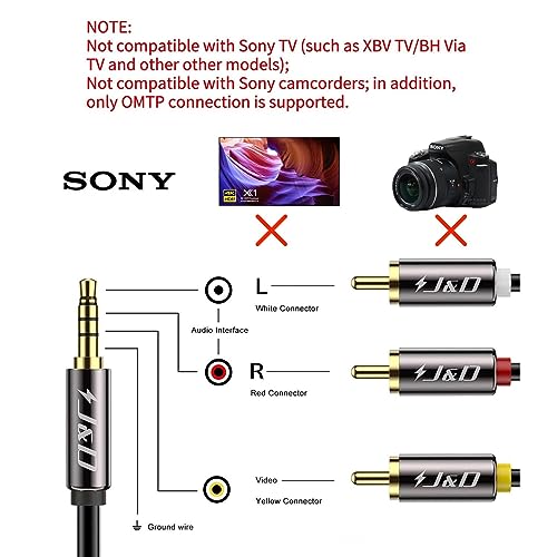 J&D 3.5mm to RCA AV Cable, Gold Plated Copper Shell Heavy Duty 3.5mm 1/8 inch Male TRRS to 3 RCA Male Plug Stereo Audio Video AUX Cable for Tablet, Speaker, Home Theater, 6 Feet - size: 6 Feet