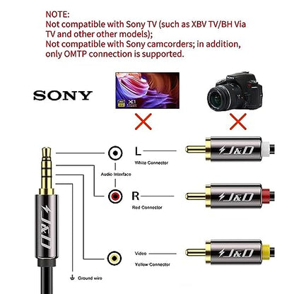 J&D 3.5mm to RCA AV Cable, Gold Plated Copper Shell Heavy Duty 3.5mm 1/8 inch Male TRRS to 3 RCA Male Plug Stereo Audio Video AUX Cable for Tablet, Speaker, Home Theater, 6 Feet - size: 6 Feet
