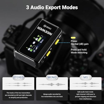 NEEWER CM28 Wireless Lavalier Microphone, Smart Noise Cancelling Lav Mic, 48KHz/16Bit 9hrs Uncompressed Recording, 200m Range, 4GB Storage for iPhone, Android, Camera, 1 RX + 2 TX + Charging Case - style: CM28 Set
