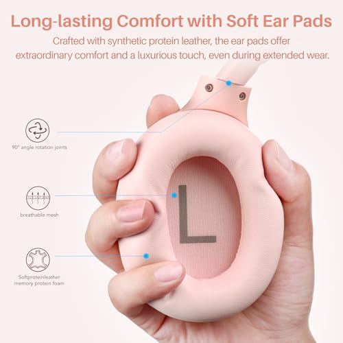 TOZO Hybrid Active Noise Cancelling Headphones, Hi Res Audio | Wireless Over Ear Bluetooth Headset, 60H Playtime, Custom EQ via App Deep Bass Comfort Fit Ear Cups, for Home Office Travel - color: Pink