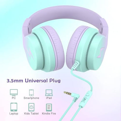 Candy Bila Wired Kids Headphones for School, Over-Ear for Boys Girls | Volume Limiter 85/94dB, HD Stereo Sound, Microphone and Wired Control,Foldable Design, Gradient Purple - color: Light Purple