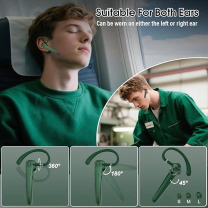Bluetooth Headset, Wireless Bluetooth Earpiece with ENC Noise Canceling Mic, 120Hrs Talk Single-Ear Headphones, LED Display, IPX7, V5.4 Hand-Free Earphone for Business/Trucker/Driver (Dark Green)