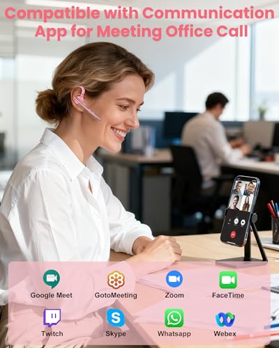 New Bee Bluetooth Headset V5.1 72H Talk Time Dual Mic with Mute Button for Business, Wireless Hand-Free Bluetooth Earpiece with 500mAh Charging Case for Cell Phone Calls Trucker Driver Laptop - color: Pink, style: M54