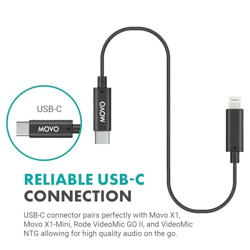 Movo IMA-5 USB-C to 11.8" (30CM) Lightning Microphone Adapter Cable – Connect USB-C Shotgun Mics to iPhone/iPad – Compatible X1, X1-MINI, VXR10-AI, Rode VideoMic NTG, VideoMic GO II
