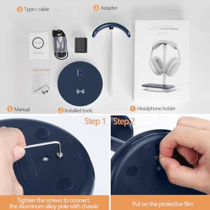 Miroddi Headphone Stand with Wireless Charger, Independent USB Charging Port, 5 in 1 Charging Station Headset Holder Rack for iWatch, iPhone, Samsung and Desk All Headphones, Dark Blue - color: Dark Blue