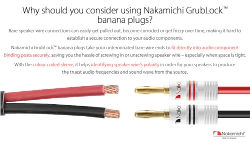 Nakamichi GrubLock Excel Series 24k Gold Plated Banana Plugs, 10-18 AWG | Gauge Size 4mm for Speakers Amplifier Hi-Fi AV Receiver Stereo Audio Wire Cable Screw Connector, 4 Pcs (2-Pairs) - size: 4 Pcs (2-Pairs)