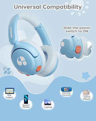 awatrue Kids Bluetooth Headphones, 85dB Volume Limiter, Blue HK02 | Foldable Wireless, Bluetooth 5.4, 75H Playtime, Built-in Mic, for iPad & Travel - color: Blue