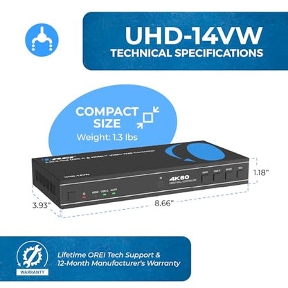 OREI 4K 2x2 HDMI or USB-C Video Wall Controller Processor Display Upto 4K 60hz 2x1, 1x2, 1x3, 1x4 Supports 180 Degree Rotate RS-232 Audio Extraction | Video wall controller 2x2, Video wall, USB-C input, 2x1/1x2/1x3/1x4 layouts, 180° rotation - style: 2x2