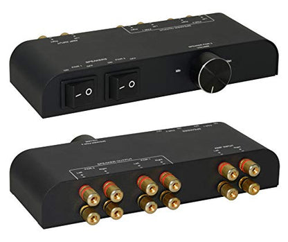 2 Way Speaker Switch, 1 in 2 Out Way Pair Stereo Speaker Selector W/Volume Control Metal Non-Slip Box - Black (61052), 9.0 x 3.25 x 1.5 - color: Matte Black
