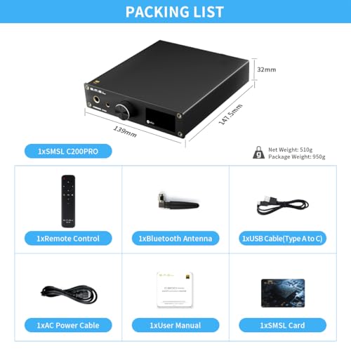 SMSL C200 PRO DAC Headphone Amplifier, ES9039Q2M XU-316 HiFi MQA DAC Amp, DSD512 32Bit/768kHz, Type C USB/Opt/Coax/Bluetooth to RCA/TRS/4.4mm/6.35mm Headphone Amps for Gaming PS5/Switch/PC