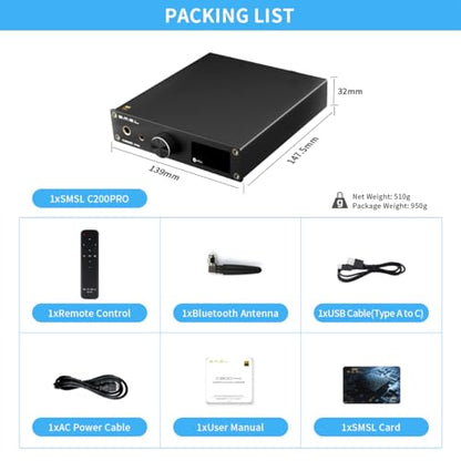 SMSL C200 PRO DAC Headphone Amplifier, ES9039Q2M XU-316 HiFi MQA DAC Amp, DSD512 32Bit/768kHz, Type C USB/Opt/Coax/Bluetooth to RCA/TRS/4.4mm/6.35mm Headphone Amps for Gaming PS5/Switch/PC