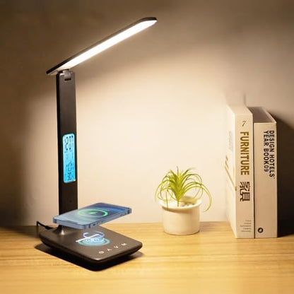 IHAO Multi-Functional Desk Lamp 10W Qi Wireless Charger 3 Color Modes 5 Brightness Levels Eye-Caring LED Light Faux Leather Finish Calendar Temperature Display Office Table Lamp TX26 Black - color: Table Lamp TX26A Black