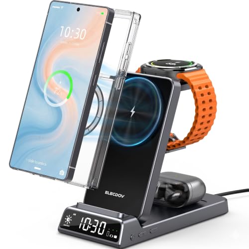 Magnetic Wireless Charger for Samsung, Charging Station for Galaxy S26 | 3-in-1 Foldable Travel Charger for Samsung Phones & Watches, Ideal Nightstand & Desk Overnight Charger (Not For Apple Watch) - color: Tech Gray