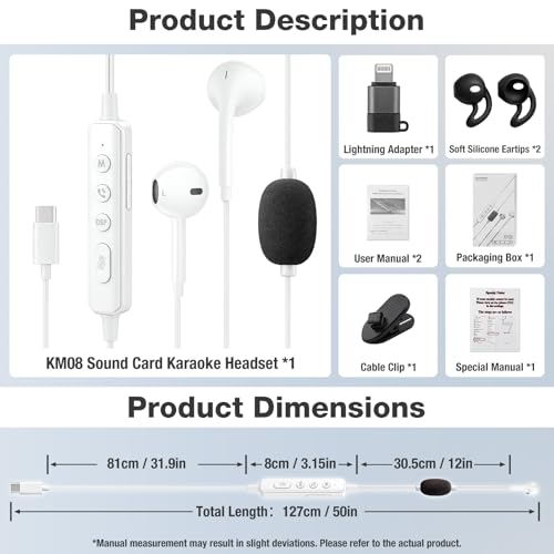 KM08 Live Streaming & Karaoke Headset with Mic, Voice Changer Sound Effects | Built-in Sound Card Voice Changer Effects, In-ear Monitoring Hear Yourself, Plug & Play Ready for TikTok YouTube Podcasting
