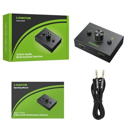 LiNKFOR 2 Port 3.5mm Stereo Audio Switch, 2 in 1 Out & 1 in 2 Out | Equipped with 3.5mm cable, built-in mute button, plug and play, works with laptop, PC, headphone and CD player - size: 2 Ports 3.5mm