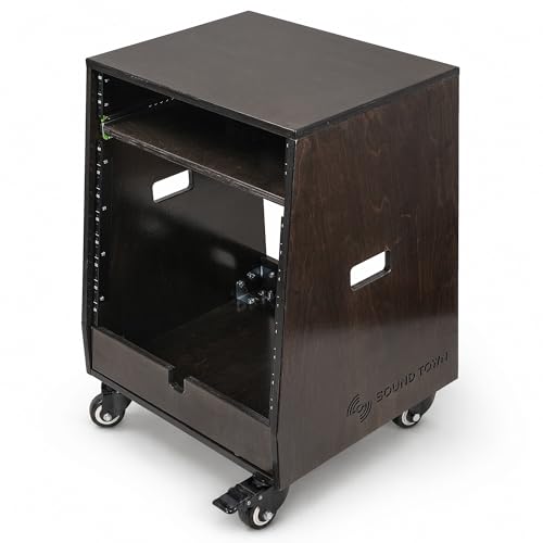 Sound Town DIY Slanted 10U Studio Rack (2U Top + 8U Lower) with 2U Bottom Storage, Slide-Out Tray, Casters, for Home Studio and Recording Room, Birch Plywood, Black Espresso (SDRK-ST10TD) - size: 10u(2u Top + 8u Lower),Black Espresso