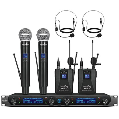 MicrocKing UHF Wireless Microphone System, 2 Handheld/2 Lavalier, Metal | UHF Cordless Mic Set Ideal for karaoke, party, wedding & concert. 2 handheld mics, 2 lav bodypacks, fixed freq, long range. - style: 2 Bodypack mics+2 Handheld mics