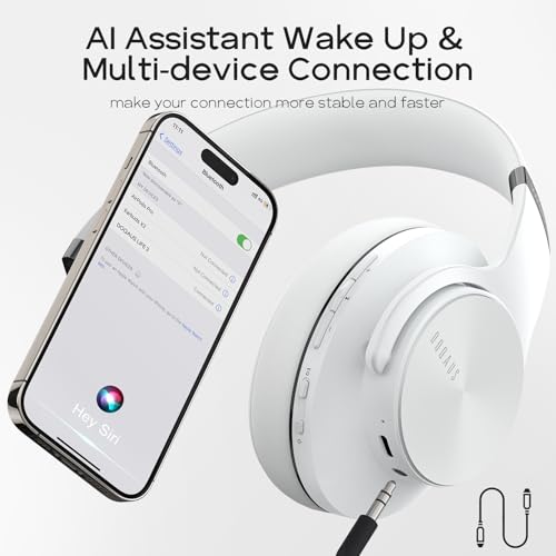 DOQAUS Bluetooth Headphones Over Ear, 90H Playtime, 3EQ Mode, with ENC Mic | Hifi Stereo Sound, Lightweight, Headphones Wireless with Soft Memory Foam Earpads, Deep Bass for Home Office Cellphone PC - color: White