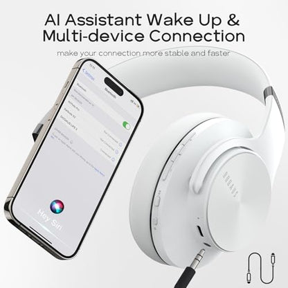DOQAUS Bluetooth Headphones Over Ear, 90H Playtime, 3EQ Mode, with ENC Mic | Hifi Stereo Sound, Lightweight, Headphones Wireless with Soft Memory Foam Earpads, Deep Bass for Home Office Cellphone PC - color: White