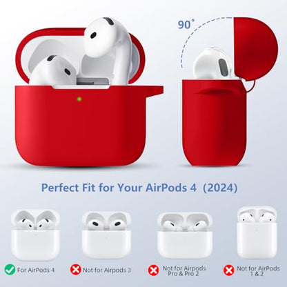 for Airpods 4th Generation Case Cover(2024),Soft Silicone Full Protective Case for AirPods 4 Case with Keychain & Cleaner Kit,Compatible with Apple Airpods 4 for Women,Men（Red） - color: Red