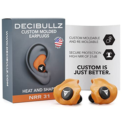 Decibullz Custom Molded Ear Plugs 31dB NRR Shooting Ear Protection (Orange) | Reusable & Re-moldable, For Range Officers, Jobsite Crews & Musicians, Travel & Concert Use, Earplugs, American Company - color: Orange