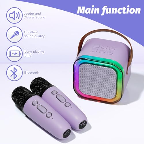 Mini Karaoke Machine for Kids, Portable Karaoke Speaker with 2 Wireless Microphones,Voice Effects,LED Lights, Singing Machine for Girl, Ages 3,4,5,6,7,8,9,10,11,12+ Years Old Birthday Gift(Purple) - color: Purple