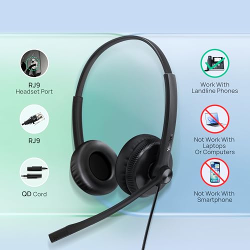 Yealink Phone Headsets for Office Phones YHS34 QD to RJ9 Wired Headset | Leather ear pads,Compatible with Poly Snom Grandstream Phones Desk Landline Headset with Microphone -Mono/72g/2.1m Cable - color: leather Ear Cushions, size: Mono