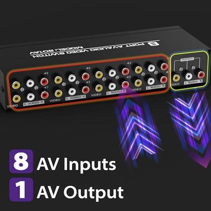 Fosmon 8방향 RCA 스플리터 및 AV 스위치, 20.3cm(8인치) (암) 1 아웃(암) 오디오 비디오 스테레오 셀렉터 스위치 박스, RCA 컴포지트 패치 케이블 및 S-비디오 케이블 포함, HDTV, STB, 게임 콘솔용 - color: 8방향