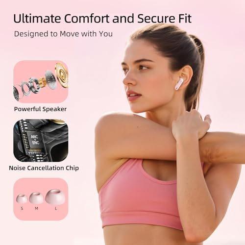 Wireless Earbuds, 100H Bluetooth 5.4 Headphones, ENC+ ANC Noise Cancelling Touch Control True Wireless Bluetooth Ear Buds,Stereo Deep Bass Bluetooth Headset for Sports/Workout/Gym(Pink) - color: Pink
