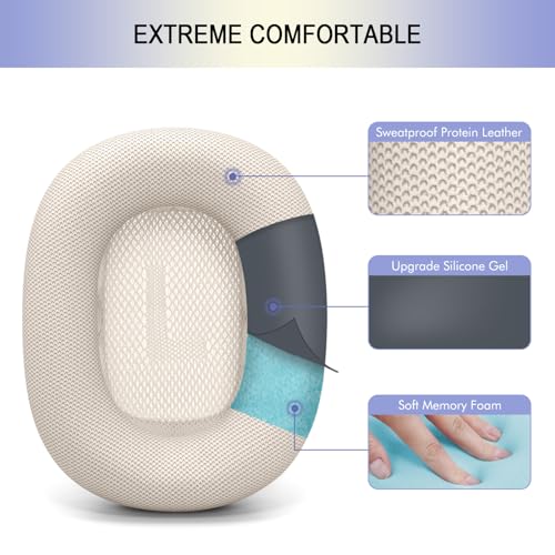 Ear Cushions Replacement for Apple AirPods Max 1 & 2- Cups Headphones Pads | Upgraded Earpads Covers Sweatproof Protein Leather Silicone Foam for Workout & Gym (Starlight) - color: Starlight