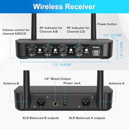 Aveek Wireless Microphone System 4 Pack, 262FT Long Range Low Latency Mics | 40H Rechargeable Battery, Stable Signal, Studio Sound, Handheld Karaoke Mics for Singing, Church, Speech, Wedding, Home Party