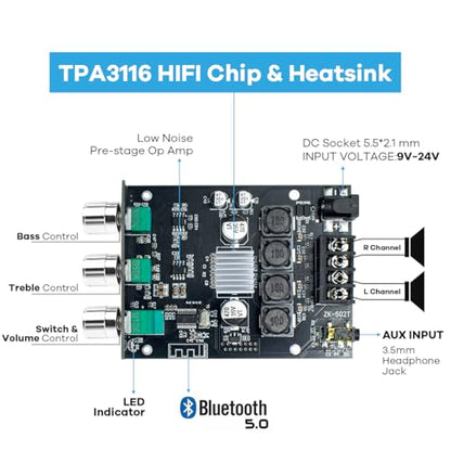 ZK-502T 100W Bluetooth 5.0 Amplifier Board with Treble and Bass Control, TPA3116D2 50Wx2, Bluetooth AMP Board for Home Passive Speakers - style: ZK-502T