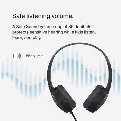 Belkin SoundForm Mini Wired Kids Headphones, On Ear, 3.5mm | Toddler headphones, built-in mic, 85dB safe volume limit, durable design, online learning, classroom, travel - color: Black, style: Wired