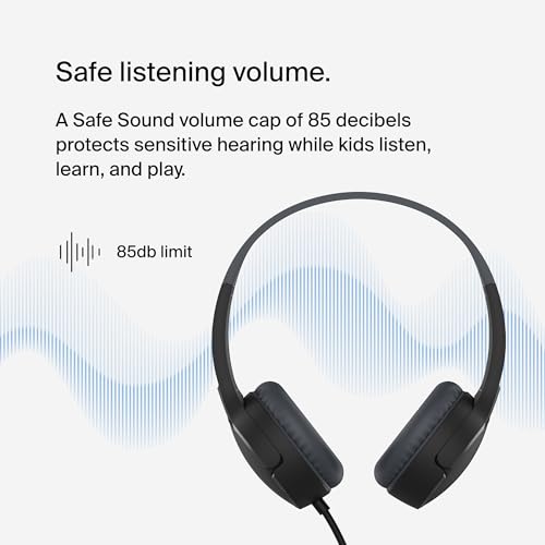 Belkin SoundForm Mini Wired Kids Headphones, On Ear, 3.5mm | Toddler headphones, built-in mic, 85dB safe volume limit, durable design, online learning, classroom, travel - color: Black, style: Wired