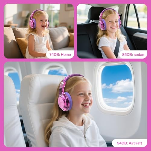 QearFun Kids Bluetooth Headphones, 60H Playtime, 74/85/94dB Volume Limit | For school, tablet, travel, kids wireless headphones feature HD mic, fast charging, foldable design, boys girls, wired mode - color: A-Purple