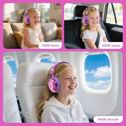 QearFun Kids Bluetooth Headphones, 60H Playtime, 74/85/94dB Volume Limit | For school, tablet, travel, kids wireless headphones feature HD mic, fast charging, foldable design, boys girls, wired mode - color: A-Purple