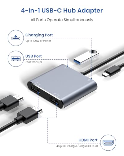 USB C to Dual HDMI Adapter, 4K@60Hz HDMI Splitter for Dual Monitors Extended Display, 100W PD Charging, USB-A Port, Windows Supports Multi-Monitor with 3 Screens, macOS Limited to Mirror Mode
