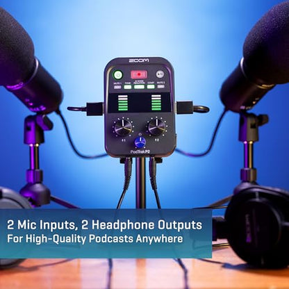 Zoom PodTrak P2 Podcast Recorder with 2 USB Mic Inputs & AI Noise Reduction | 2 USB Mic Inputs, 2 Headphone Outputs, Tone and Comp Effects, SD Card, Battery Powered