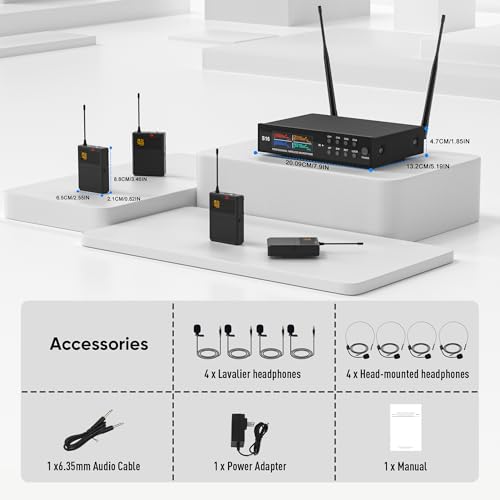 Lapel Wireless Microphone System with Headset & Lavalier Mics, Pro 4 Channel UHF Mics Set with Bodypack Transmitter & Metal Receiver, 200 Adjustable Frequency, 300ft Range for Church, Party - size: 4 Channel