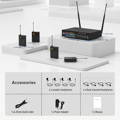 Lapel Wireless Microphone System with Headset & Lavalier Mics, Pro 4 Channel UHF Mics Set with Bodypack Transmitter & Metal Receiver, 200 Adjustable Frequency, 300ft Range for Church, Party - size: 4 Channel