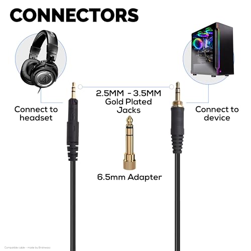 BRAINWAVZ Coiled Replacement Audio Cable Compatible with Audio-Technica ATH-M50x M40x M70x M60x – 2.5mm to 3.5mm Gold-Plated Jacks with 6.5mm Adapter Rubber Coated Extendable 1.2m/47”–3.5m/138